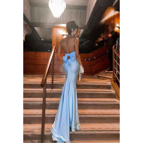 V-Neck Halter Ruched Satin Long Prom Evening Dress With Sweep Train