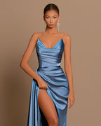 Vestido largo de fiesta de sirena, sencillo, azul satinado, drapeado, con abertura