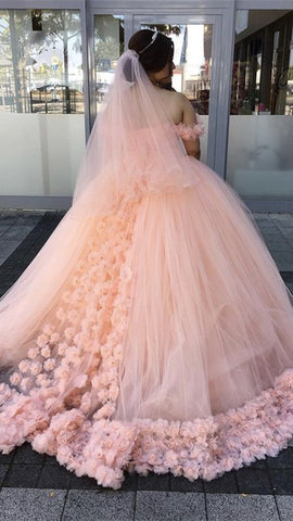 Off The Shoulder Hand Made Flowers Wedding Dress Tulle Wedding Dress Y474