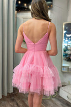 Vestido corto rosa único de corte A con tirantes finos y volantes para fiesta de bienvenida