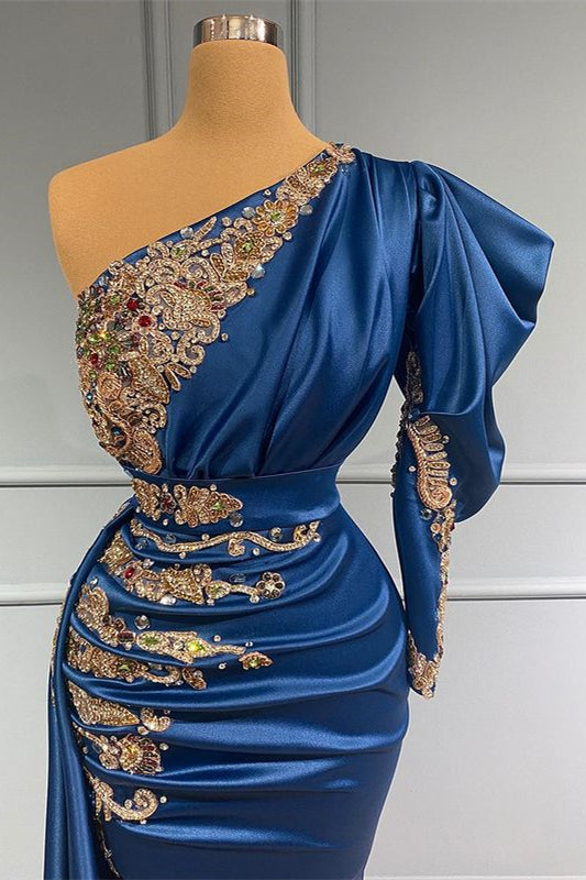 Vestido largo de sirena de un solo hombro Regal Sapphire con cuentas