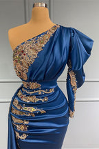 Vestido largo de sirena de un solo hombro Regal Sapphire con cuentas