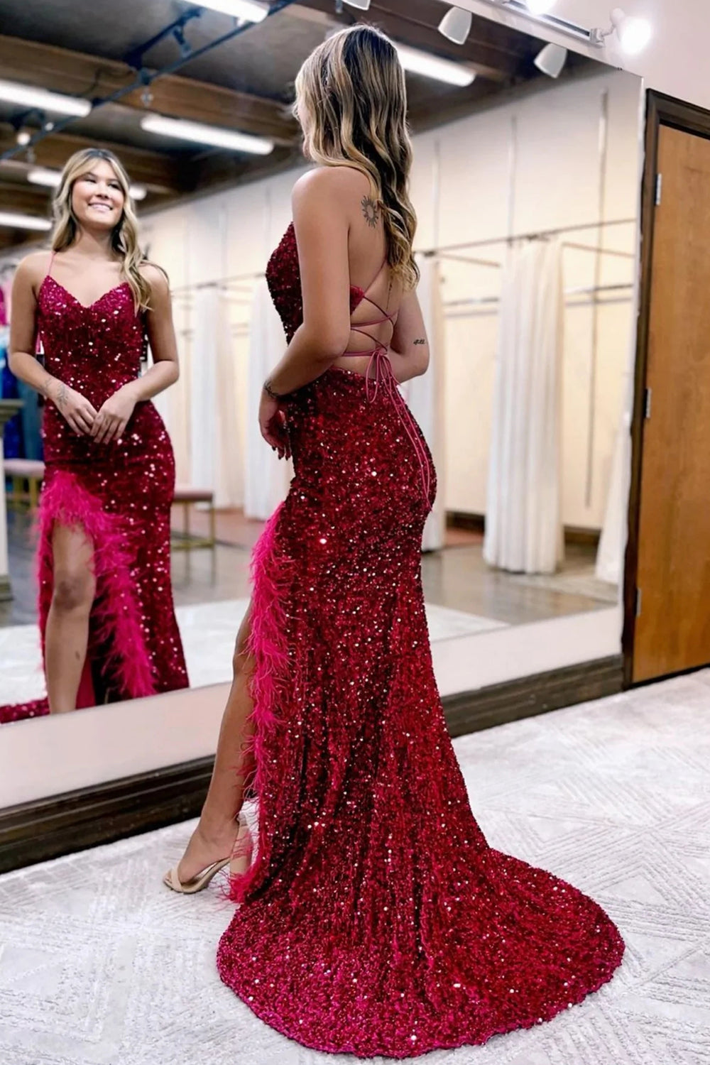 Sheath Spaghetti Straps Black Sequins Long Prom Dress with Split Front