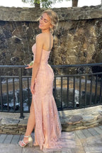 Robe de bal longue sirène bustier en dentelle avec fente
