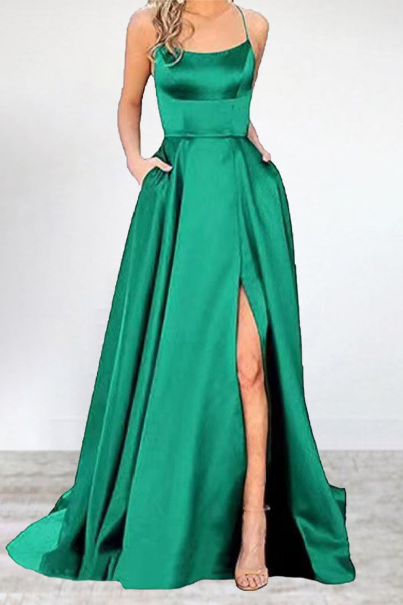 Vestidos de noche sexys, formales, de color liso, con escote en U y abertura alta. 