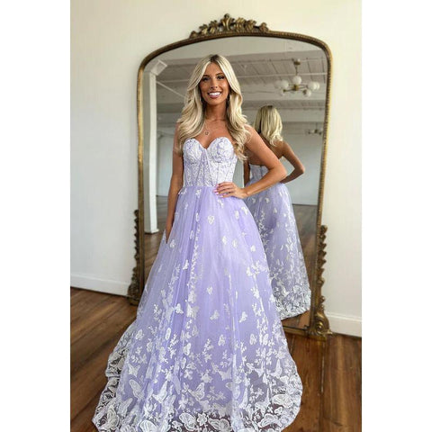 Sweetheart Strapless Sleeveless Lace Tulle A-Line Long Prom Evening Dress