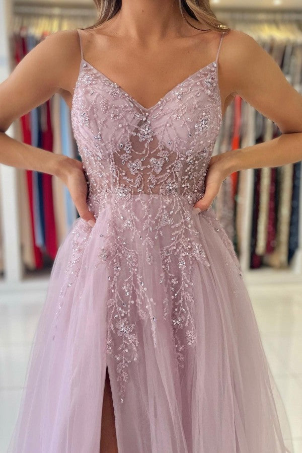 Vestido largo de fiesta sin mangas con tirantes finos, de tul y con cuentas