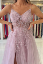 Vestido largo de fiesta sin mangas con tirantes finos, de tul y con cuentas