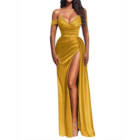 Robe de bal longue plissée et sexy à col en V et fente
