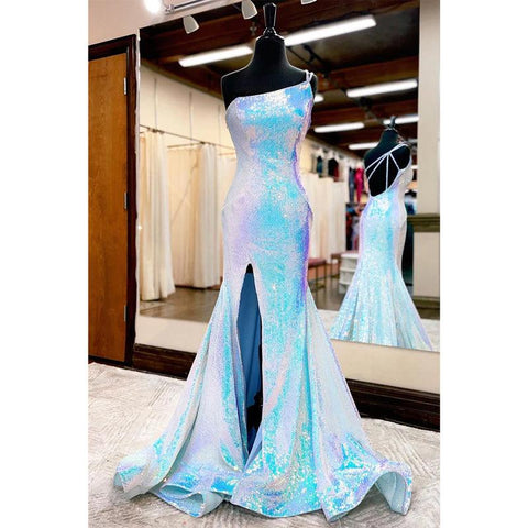 Vestido de fiesta único de lentejuelas brillantes con un solo hombro y abertura 