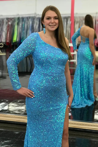 One Shouder Long Sleeves Sequins Mermaid Prom Dress with Slit