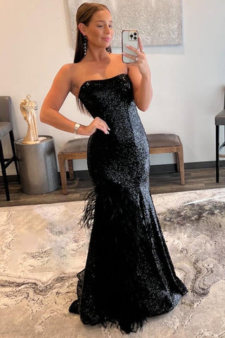 Vestido largo de fiesta de sirena sin tirantes, negro con lentejuelas y plumas