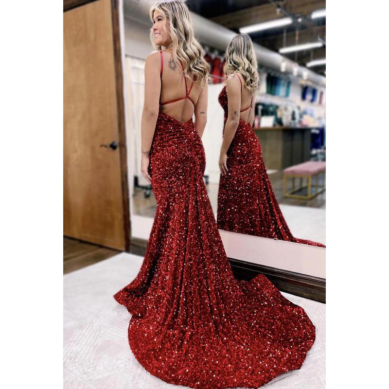 Vestido de fiesta de sirena con tirantes, lentejuelas, escote en V, espalda descubierta y sexy