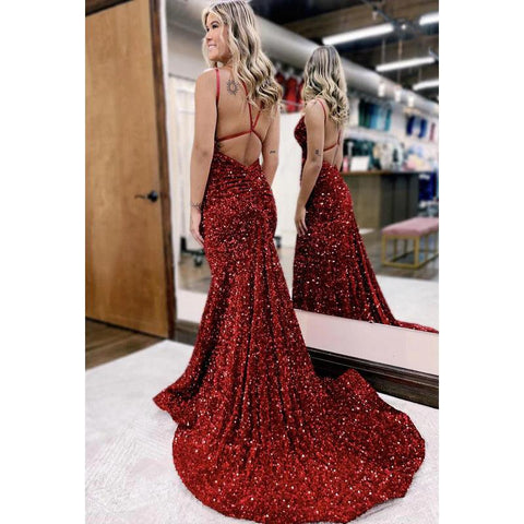 Robe de soirée sirène sexy et tendance à bretelles et paillettes, col en V, dos nu