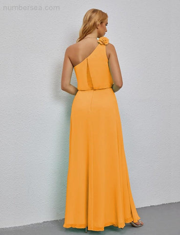 Vestido de dama de honor largo, sin mangas, con volantes y un hombro, corte A, vestido de noche formal con abertura lateral 28080 