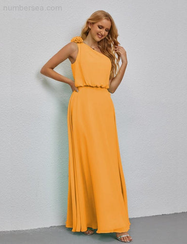 Vestido de dama de honor largo, sin mangas, con volantes y un hombro, corte A, vestido de noche formal con abertura lateral 28080 