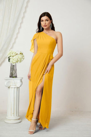 Robe de demoiselle d'honneur longue en mousseline de soie à volants et à une épaule, coupe trapèze, robe de soirée formelle fendue sur le côté, 2809