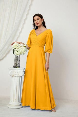 Baoleely  Formal Prom Gown Women V-Neck Chiffon Bridesmaid Dresses Long Bishop Sleeve Party Dress 2807