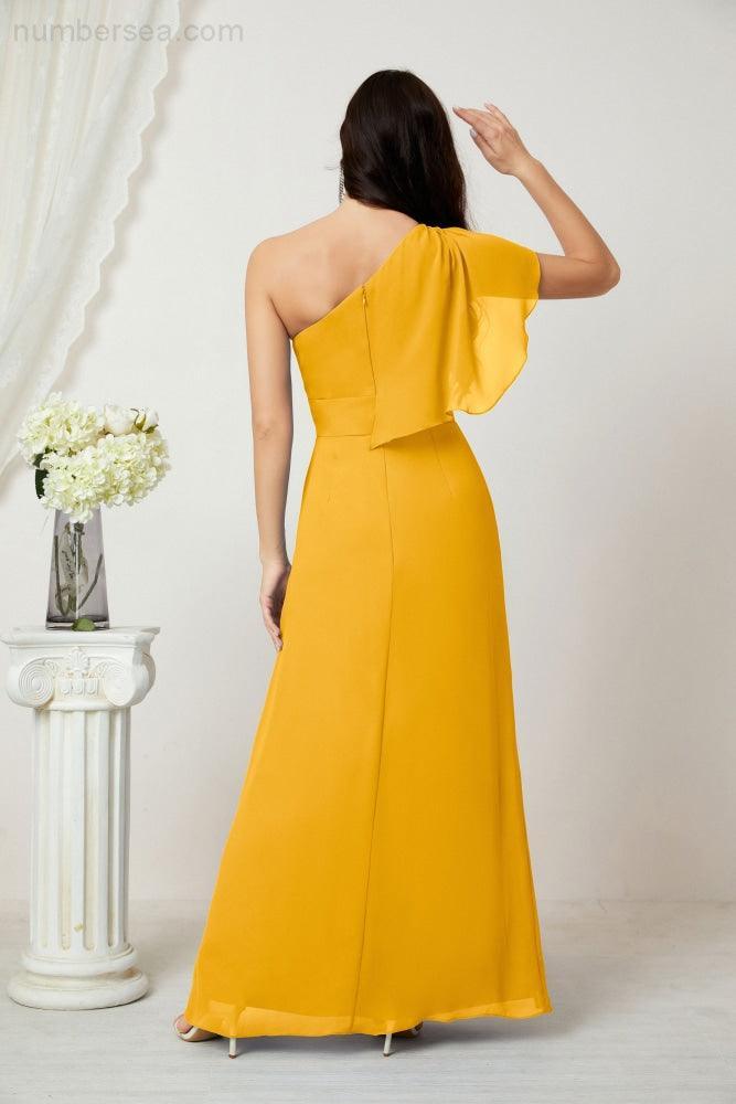 Baoleely  Chiffon Ruffled One Shoulder Long Bridesmaid Dresses A-line Formal Evening Gown Side Split 2809