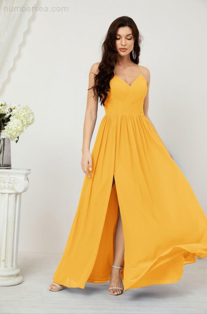Robe de demoiselle d'honneur en mousseline de soie, longue, coupe trapèze, col en V, pour soirée de mariage, 2801 