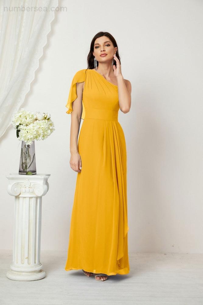 Baoleely  Chiffon Ruffled One Shoulder Long Bridesmaid Dresses A-line Formal Evening Gown Side Split 2809