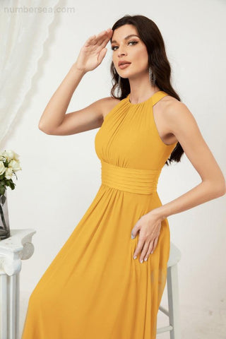 Baoleely Formal Party Gown Dress Chiffon Halter Long Sleeveless Bridesmaid Dresses 2802