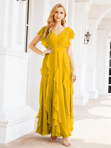 Vestidos de dama de honor con volantes y mangas, vestido largo de fiesta formal 28041 