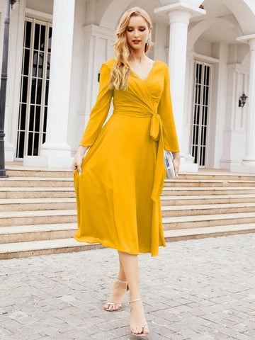 Vestido de dama de honor con espalda en V y cinturón, para la madre de la novia o invitada a la boda SY28031