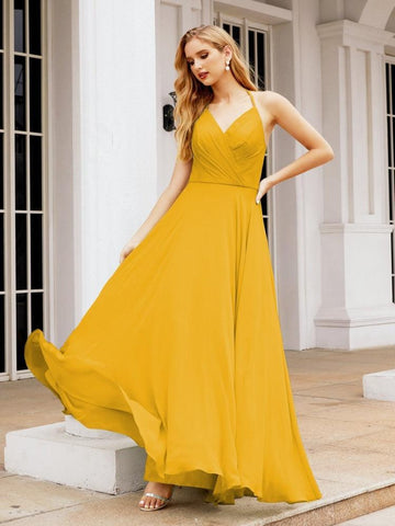 Baoleely Halter Chiffon Bridesmaid Dresses Wedding Appare Sleeveless Formal Prom Dress with Ruffled Back 28035