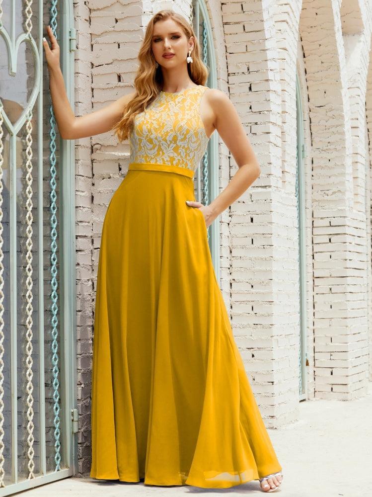 Robe de demoiselle d'honneur en dentelle, longueur au sol, avec poches, 28017 