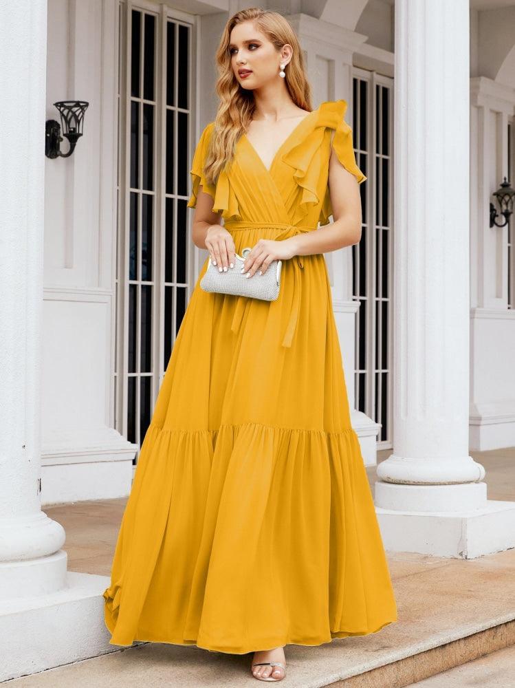 Baoleely Women's Open Back Formal Evening Party Prom Gowns V-Neck Long Chiffon Bridesmaid Dresses with Waist Belt 28038