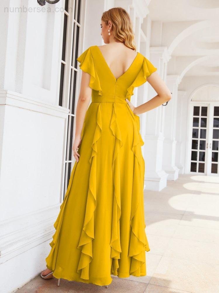 Ruffled Bridesmaid Dresses with Sleeves Long Formal Party Dress 28041