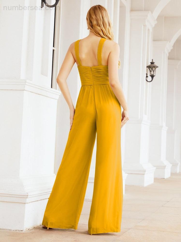 Baoleely Crisscross Neck Jumpsuit Formal Evening Dress Long Bridesmaid Dresses Bell-bottomed Pants 28033