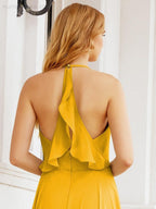 Baoleely Halter Chiffon Bridesmaid Dresses Wedding Appare Sleeveless Formal Prom Dress with Ruffled Back 28035