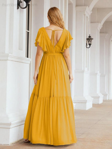 Vestido de fiesta formal de noche con espalda descubierta para mujer Baoleely, escote en V, largo, de gasa, con cinturón a la cintura 28038