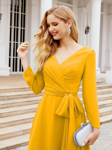 Vestido de dama de honor con espalda en V y cinturón, para la madre de la novia o invitada a la boda SY28031