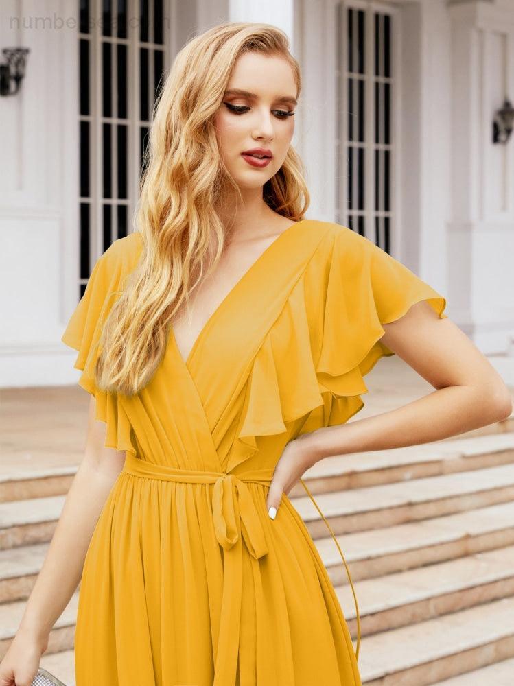 Baoleely Women's Open Back Formal Evening Party Prom Gowns V-Neck Long Chiffon Bridesmaid Dresses with Waist Belt 28038