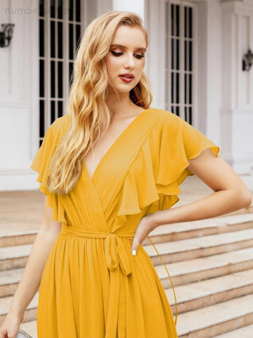 Vestido de fiesta formal de noche con espalda descubierta para mujer Baoleely, escote en V, largo, de gasa, con cinturón a la cintura 28038