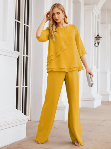 Elegante conjunto de pantalón y bata plateada de dos piezas para la madre de la novia, talla grande, con volantes, Sunderly Elegant SY28064