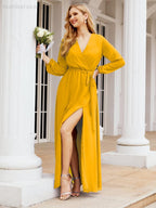 Vestido de dama de honor de gasa para mujer Sunderly, corte en A, manga larga, vestido de noche formal para invitada de boda SY28032 