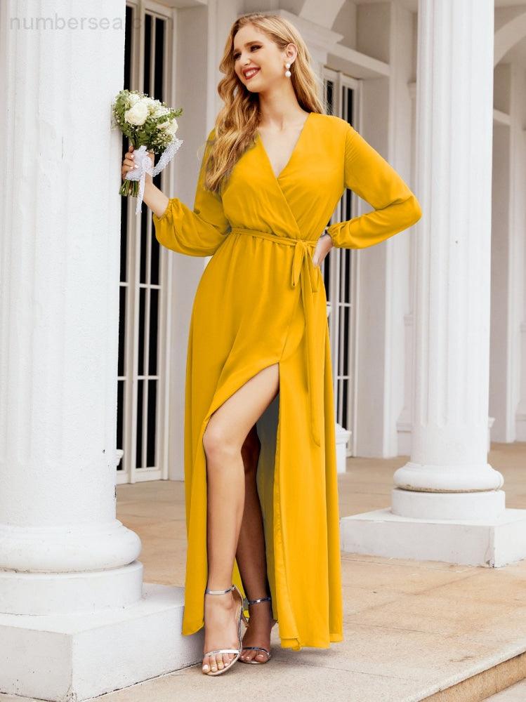 Vestido de dama de honor de gasa para mujer Sunderly, corte en A, manga larga, vestido de noche formal para invitada de boda SY28032 