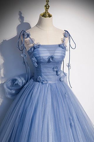 Tulle Long A-Line Prom Dress Blue Spaghetti Straps Party Dress with Bow