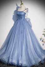 Tulle Long A-Line Prom Dress Blue Spaghetti Straps Party Dress with Bow