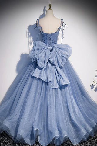 Tulle Long A-Line Prom Dress Blue Spaghetti Straps Party Dress with Bow