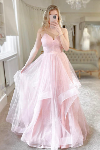 Tulle Long A-Line Prom Dress Pink V-Neck Graduation Dress