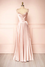 Simple Satin Long A-Line Prom Dress Spaghetti Straps Evening Dress