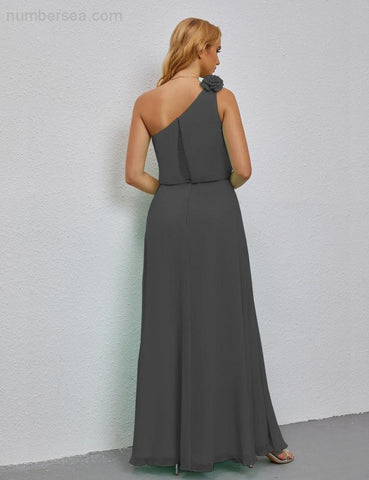 Vestido de dama de honor largo, sin mangas, con volantes y un hombro, corte A, vestido de noche formal con abertura lateral 28080 