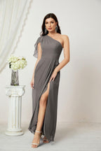 Baoleely  Chiffon Ruffled One Shoulder Long Bridesmaid Dresses A-line Formal Evening Gown Side Split 2809
