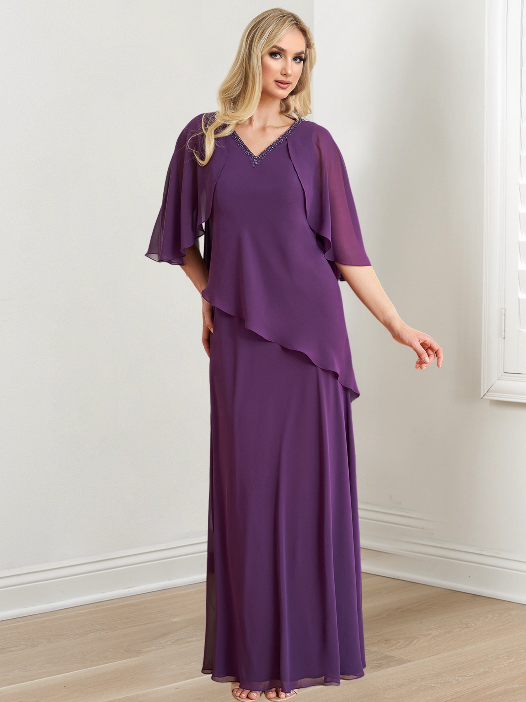 Vestidos de corte princesa/línea A con escote en V hasta el suelo para la madre de la novia 
