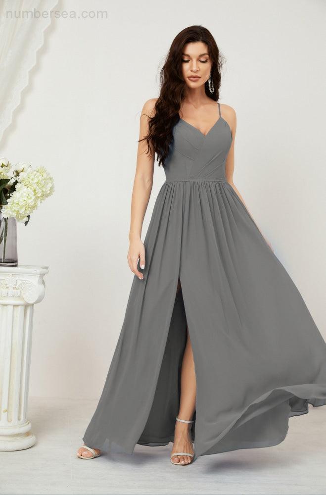 Robe de demoiselle d'honneur en mousseline de soie, longue, coupe trapèze, col en V, pour soirée de mariage, 2801 